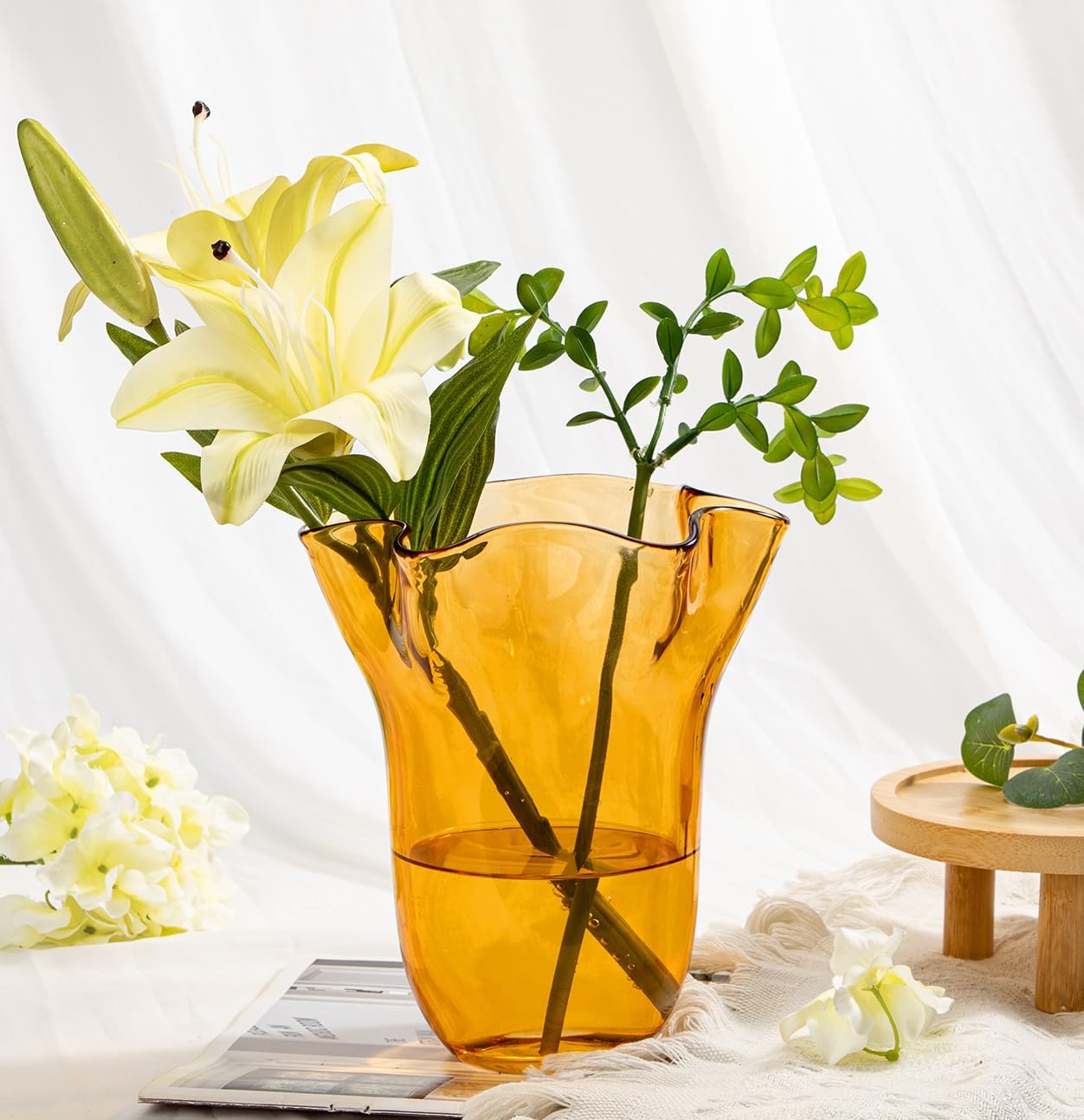 Nature Crafted 8 inch Amber Glass Vases Clear Flower Vases for Centerpiece, Large Crystal Vases for Flowers Wide Mouth Vase for Home Office Living Room Shelf Wedding Decor (Amber)