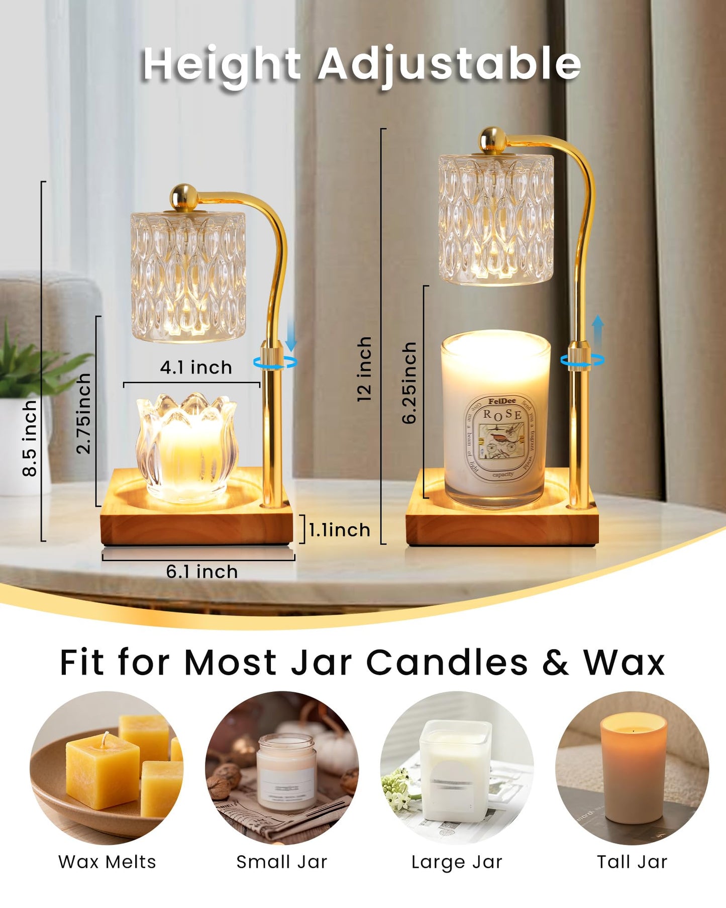 Candle Warmer Lamp Adjustable Height with Timer Dimmer, Dimmable Glass Wax Melt Warmer Light for Scented Jar, Present for Women Candle Lovers Christmas House Warming Home Decor Brithday, Crystal