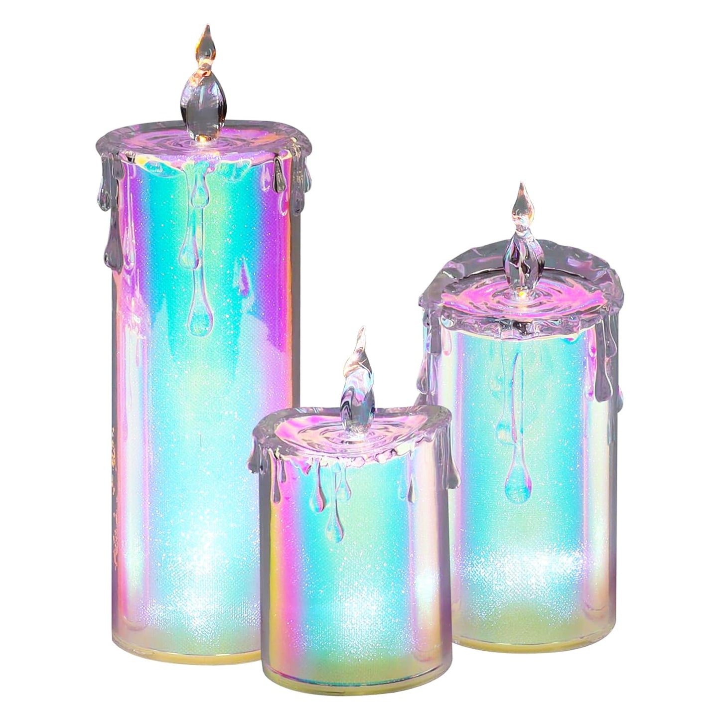 MOMENTS IN TIME 3-Piece Holographic LED Flameless Candle Set Glittering Acrylic Pillar with Realistic Dripping Wax and Flame Effect Home décor. Sizes: 5.5” 7” 9.5” (Batteries not Included)