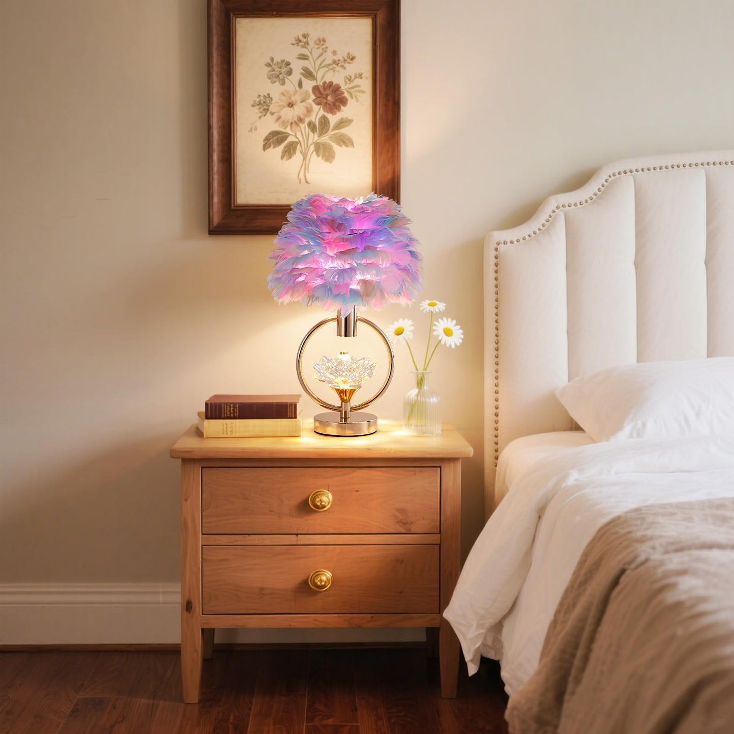 ZYLEISENBAO Colorful Feather Lamp 17IN Unique Crystal Feather Bedside Nightstand Lamp Nordic Romantic Desk Light Fluffy Table Lamp for Girl Bedroom Wedding Christmas Gift Deco Living Room Entry