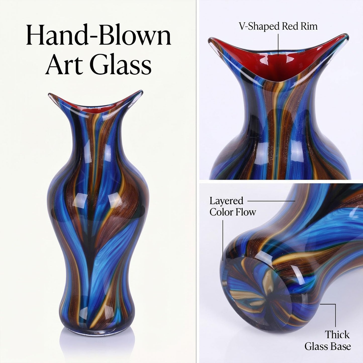 Hand Blown Glass Vase for Flowers, Modern Glass Vases Home Decor, Sculptural Decorative Centerpiece for Table, Living Room, Shelf or Entryway Display Use