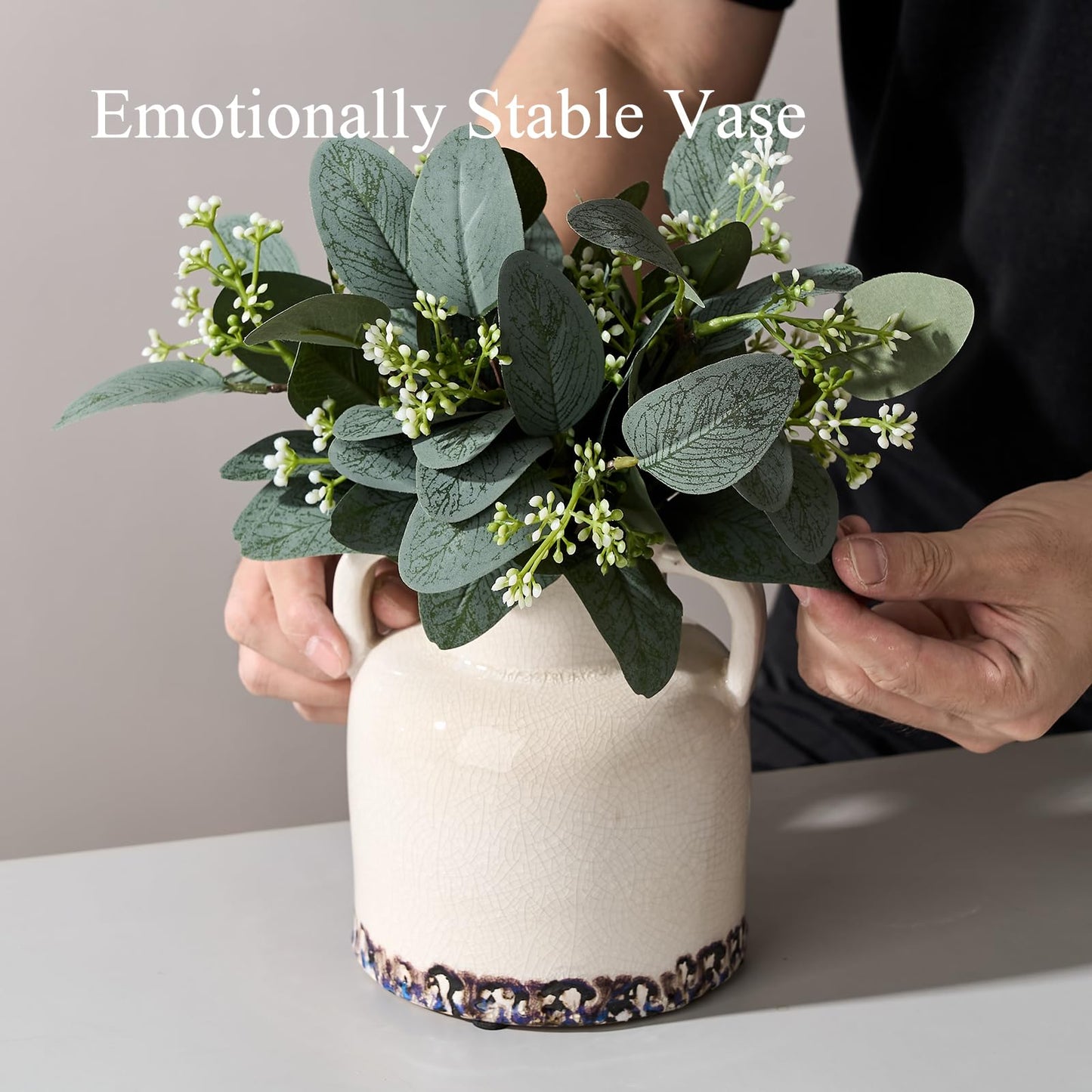 Emotionally Grounded Vase, Vaseking Ceramic Rustic Vase with 2 Handles, 5.83 inch Minimalist Decorative Farmhouse Vases for Home Decor, Living Room, Enterway, Table Decoration, White