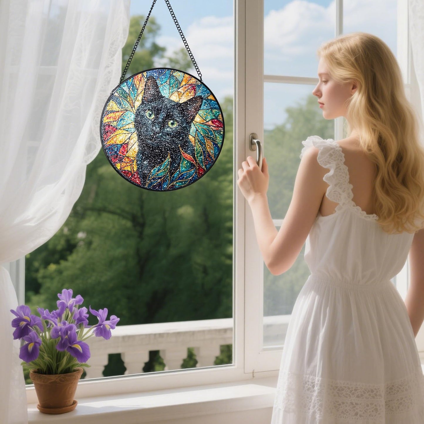 Stained Glass Window Hanging, Black Cat Stained Glass Style Leaves Suncatchers Glass, Sun Catcher Decoration Wall Decor, Cat Lover Gifts, Mother Gifts