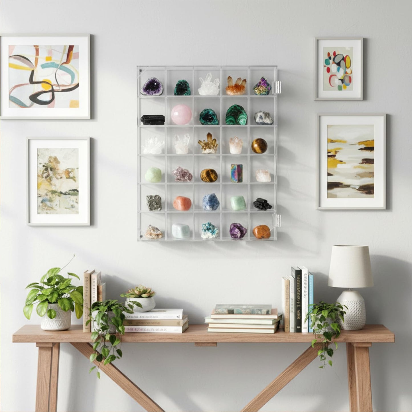 Oqqlin Adjustable Rock Display Case, 30 Grid Clear Acrylic Crystal Display Case with Lid Mineral Stones Collection Box for Rocks, Gemstones, Collectibles