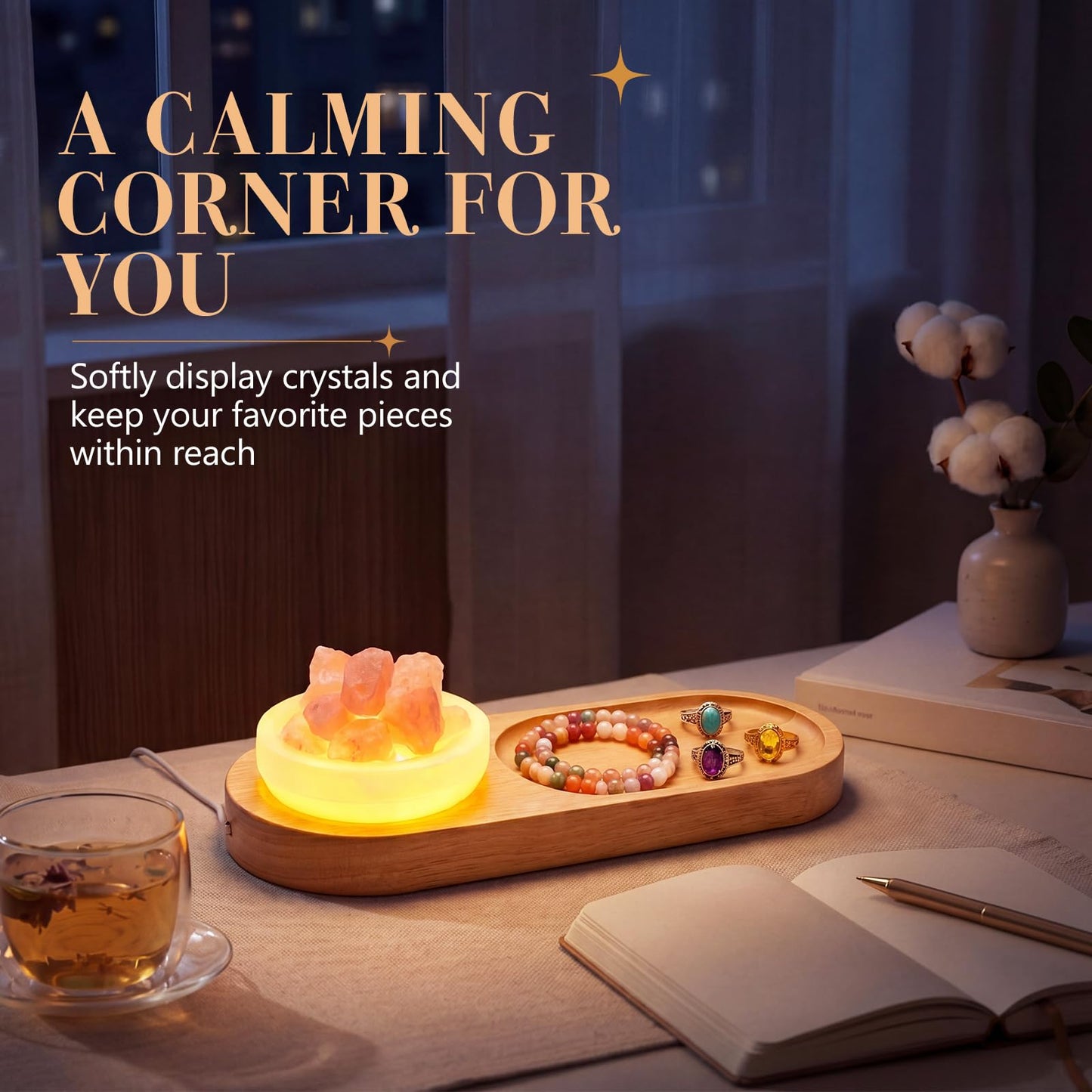 Hushee Selenite Crystal Bowl Jewelry Tray for Women Room Aesthetic Decor Gift, Set of 3 Light up Decorative Wood Jewelry Holder Selenite Bowl & Rose Quartz Stone for Essential Oil Healing Meditation