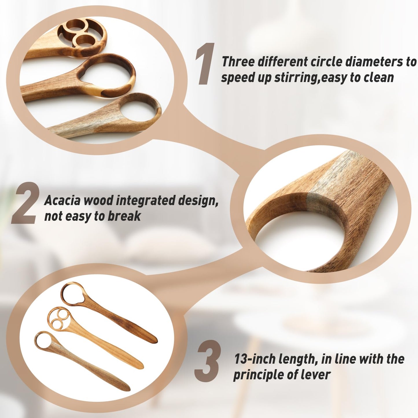 SiliFine Danish Dough Whisk Set of 3, 13" One-piece Acacia Wood Sourdough Whisk for Bread, Pizza, Batter & Starter, Cake Biscuits Flow-through Design, Handmade Bread Baking Gift