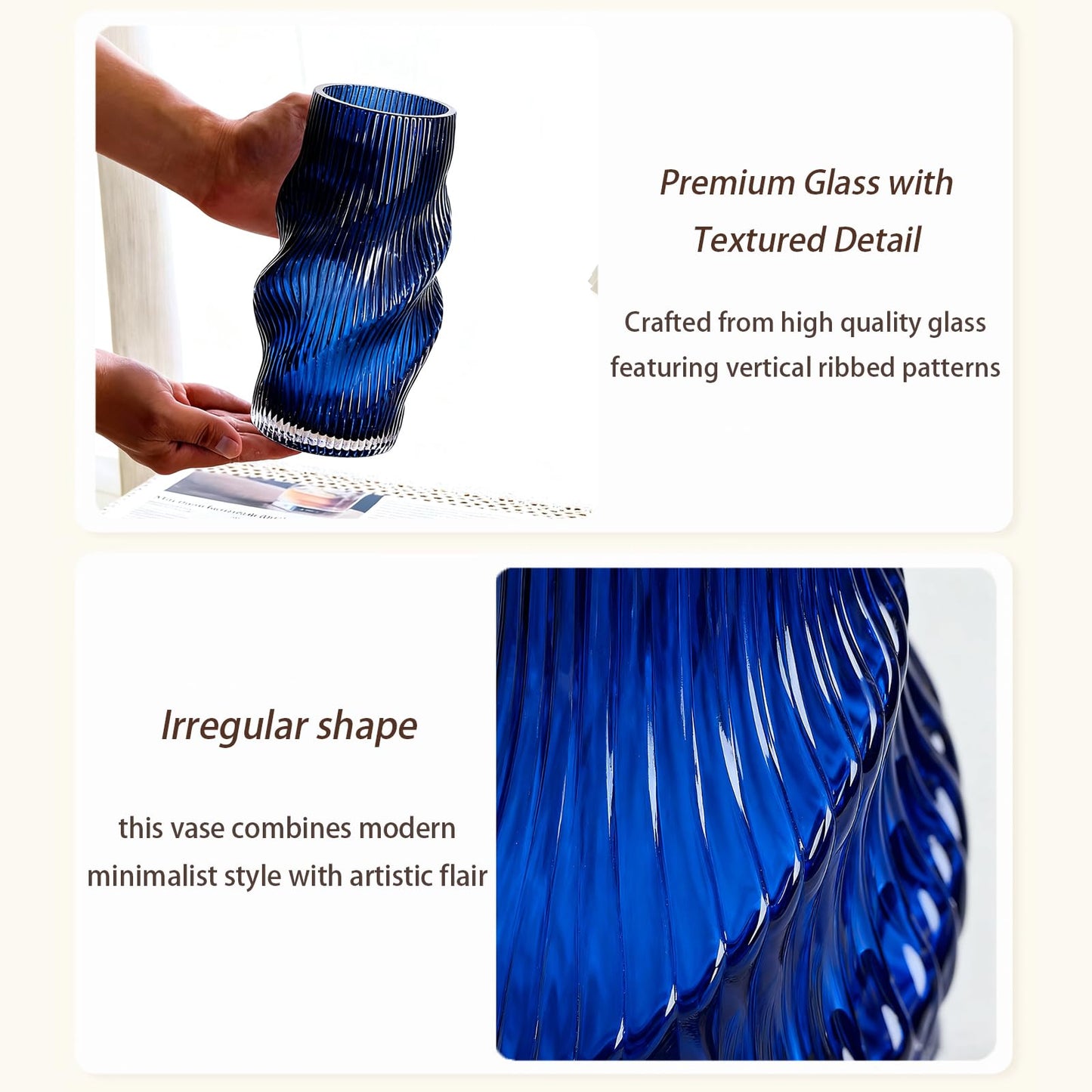 HELAIMAY Blue Ribbed Glass Flower Vase, Irregular Shaped Modern Minimalist Glass Vase, Flower Vase for Centerpieces and Home Decor, 8.6 Inches, 1 Piece