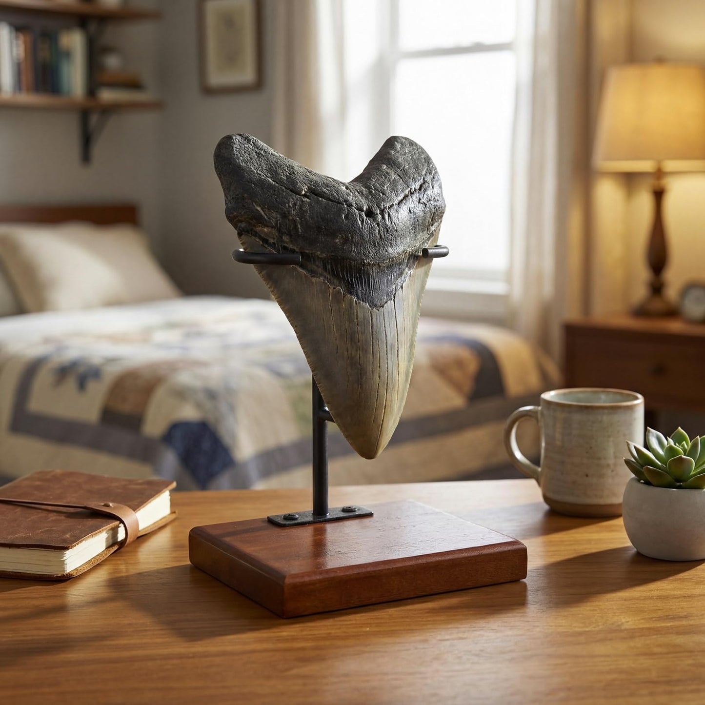 Chunful 1 Pc Megalodon Shark Tooth Display Stand Metal Shark Tooth Holder Display Easel Holder for Slab Slice Fossil Flat Crystals and Minerals, 4 x 4.5'' (Wood Base)