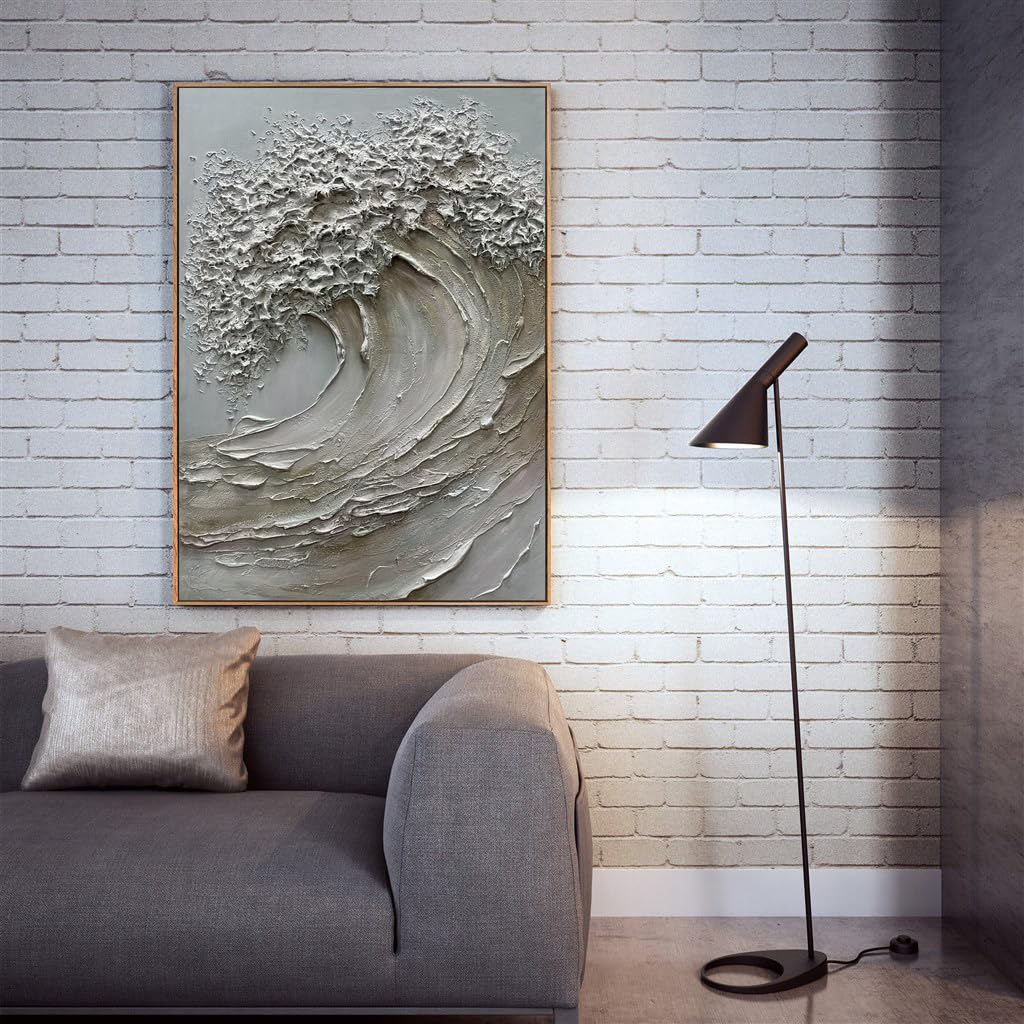 V-inspire 3D Textured Ocean Wave Canvas Wall Art, 30 x 45 inches, Hand-Painted with Wood Frame, Modern Abstract Grey