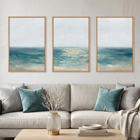 Aurlan Large Abstract Sage Teal Framed Canvas Wall Art Set,Modern Blue Coastal Landscape Wall Decor,Watercolor Minimalist Seascape Artwork for Living Room,Bedroom,Office-16 x24 x3