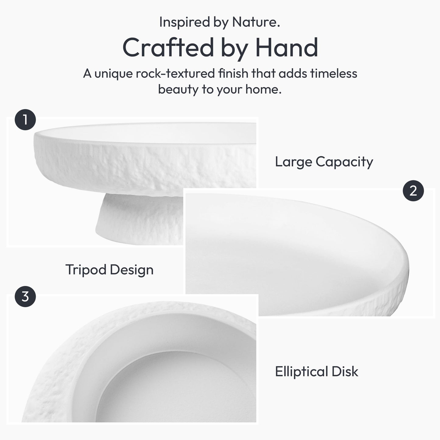 DeNestora Granite Inspired Matte White Fruit Bowl | Wide, Shallow Textured Pedestal Bowl | 11 Inch Unique Centerpiece for Table or Decor for Entryway Table