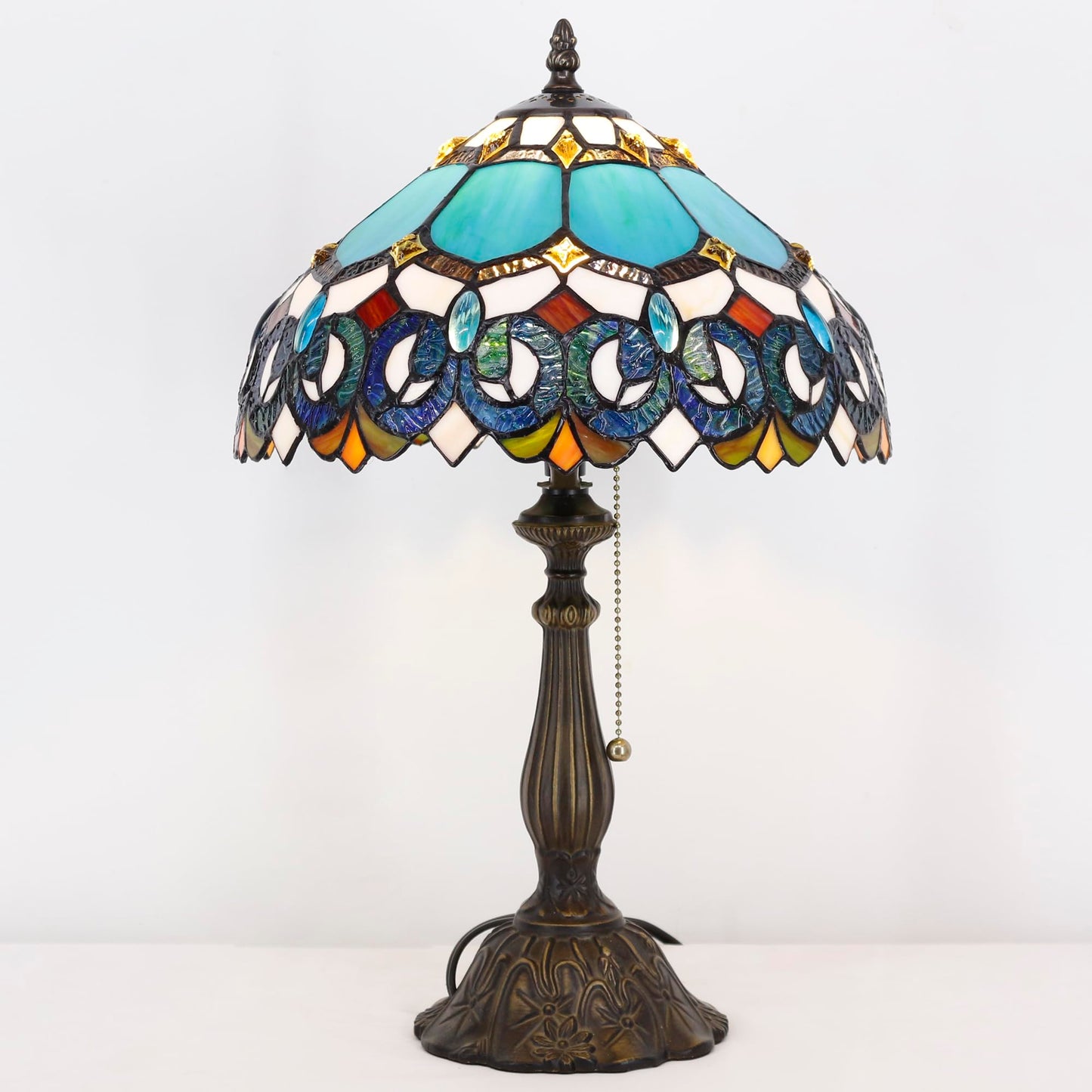 ZJART Tiffany Table Lamp Stained Glass 12X12X19 Inch Blue Jewelry Baroque