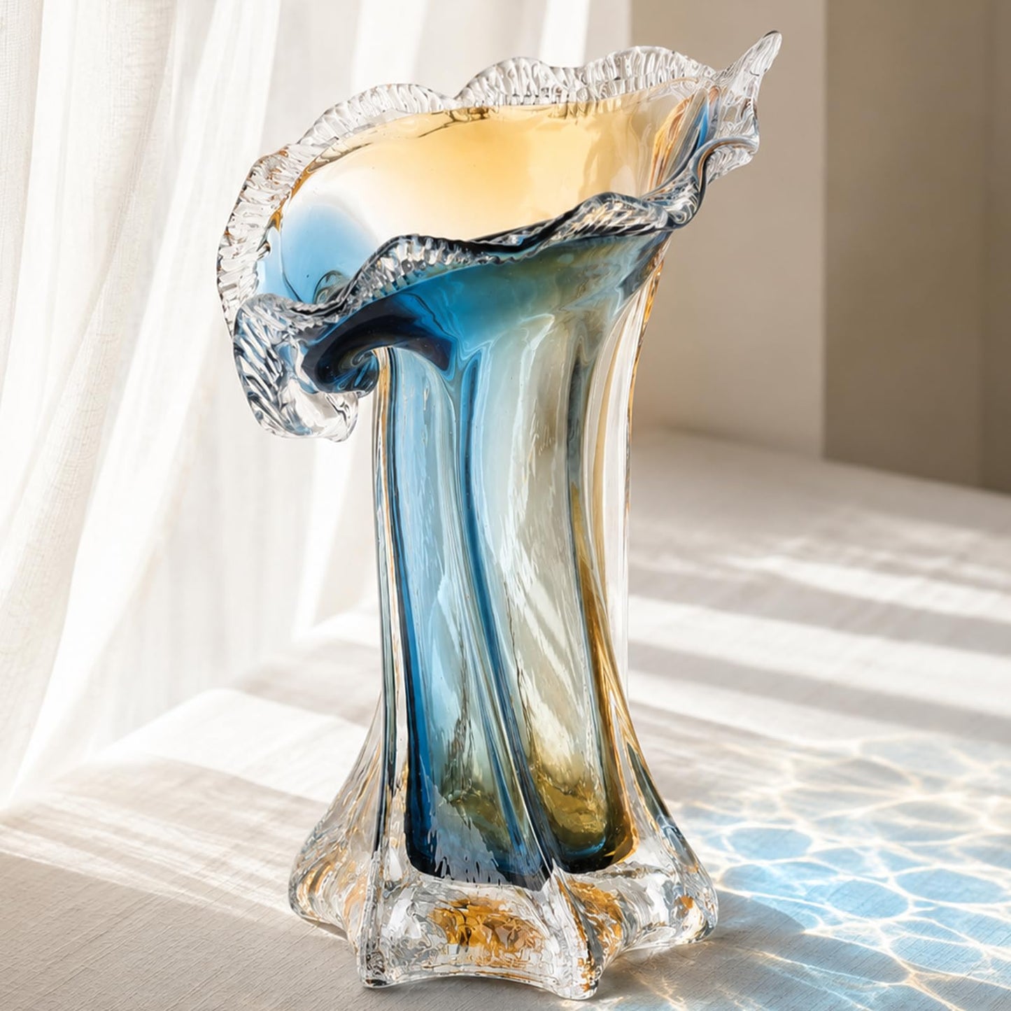 Turquoise Glass Hand Blown Vase, Teal Blue Gradient Modern Art Vase, Decorative Centerpiece for Home Decor,Blown Glass Centerpiece, Wide Mouth Floral Arrangement, Elegant Art Decor (S)