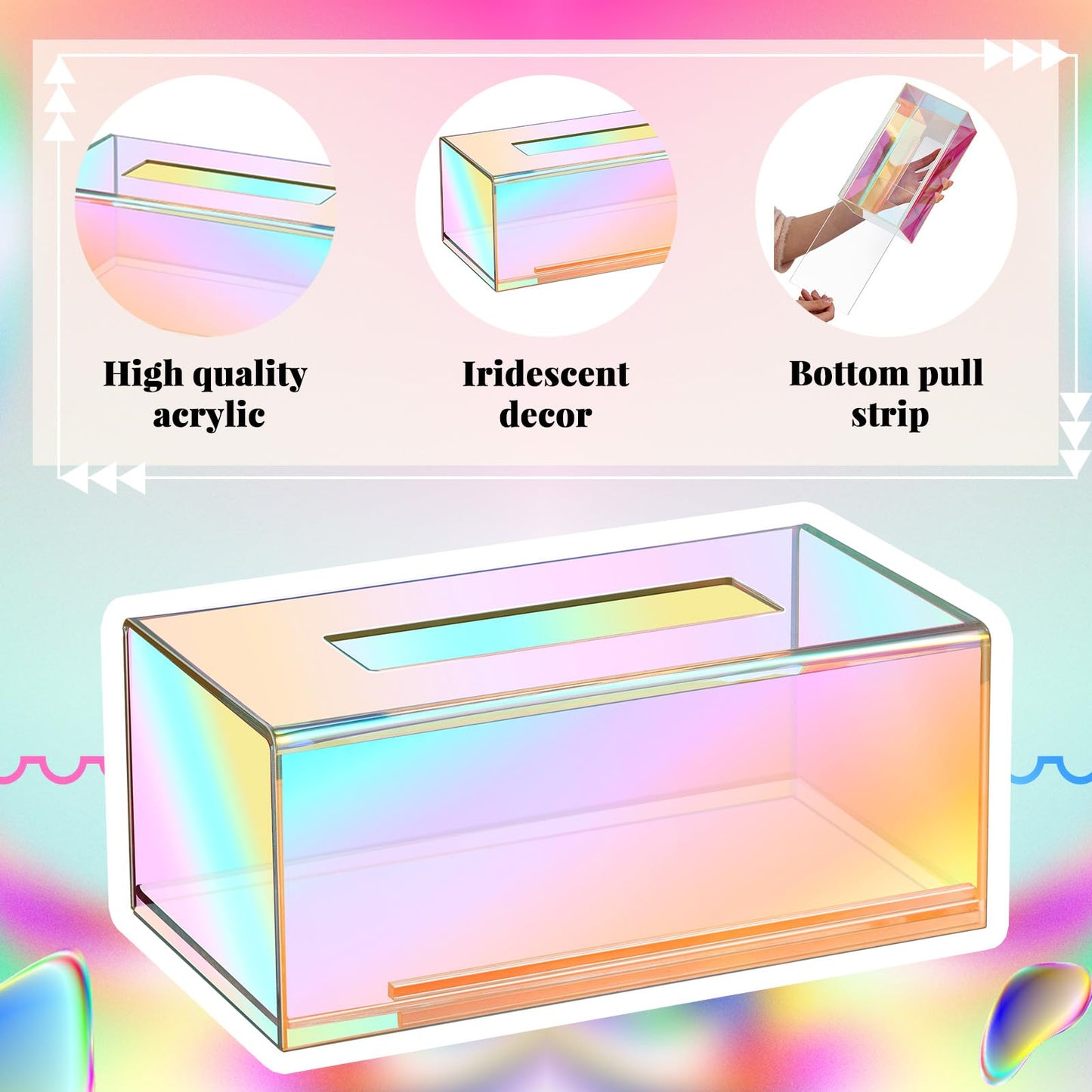 Layhit 2 Pcs Iridescent Tissue Box Acrylic 9.37 x 4.72 x 3.94 Inch Acrylic Clear Tissue Box Dispenser Cute Tissue Box Holder for Facial Napkins Bathroom Desks