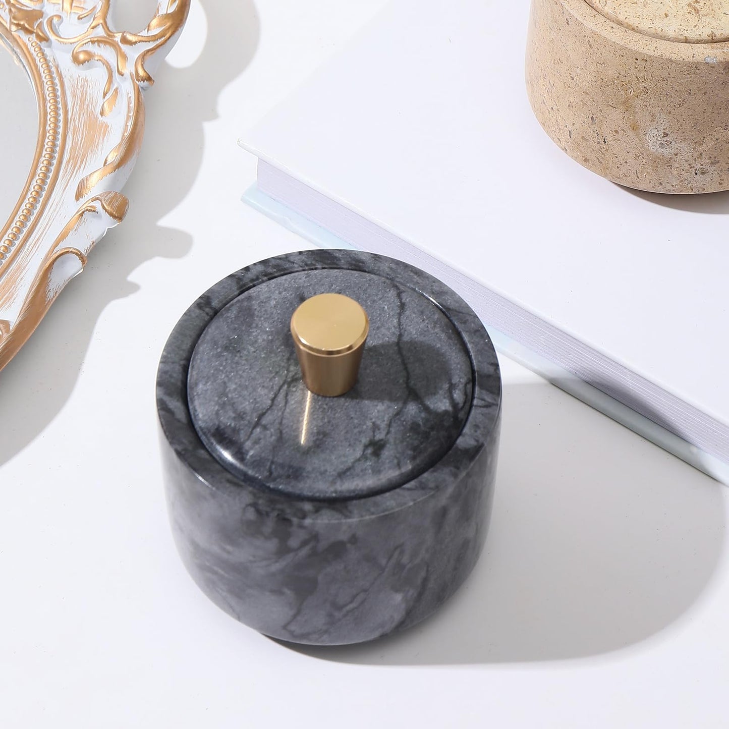QISENMOR Marble Salt Cellar with Lid and Brass Knob 3.15" Spice box Salt Container Seasoning Jar for Kitchen tone Salt Holder for Counte-Ideal for Sea Salt, Spices and Herbs (White) (Black)