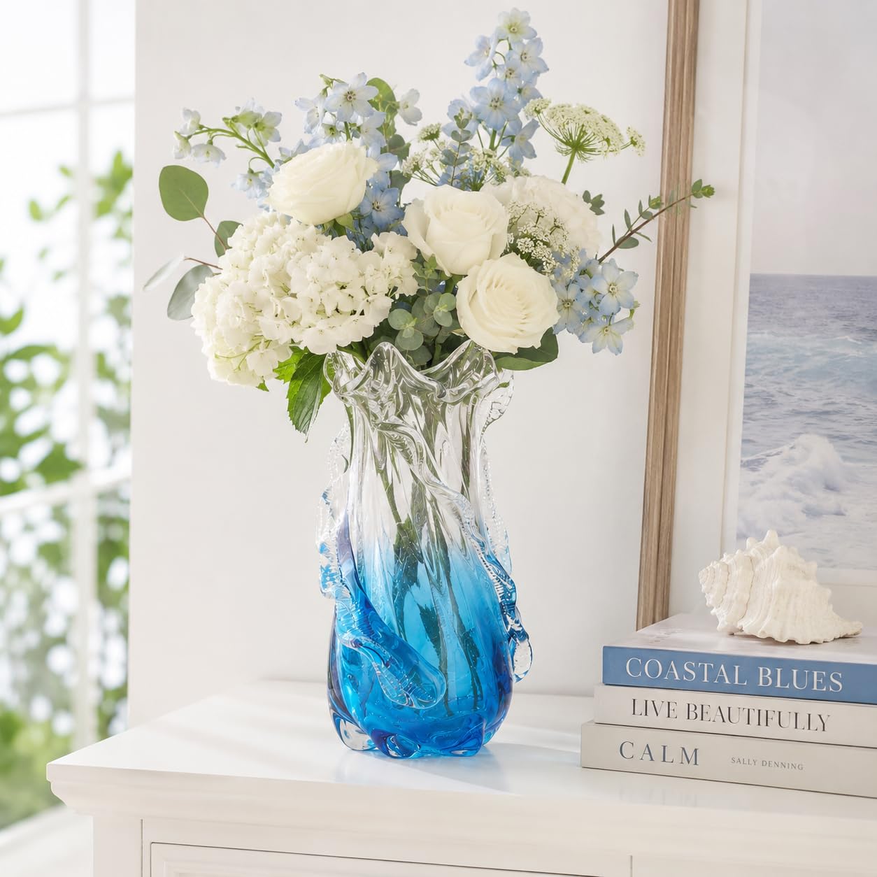 Hand Blown Blue Glass Vase, Sea Glass Ombre Wavy Coastal Vase, Murano Style Decorative Glass Vase for Home Centerpiece, Coffee Table, Living Room & Office Decor (Medium)