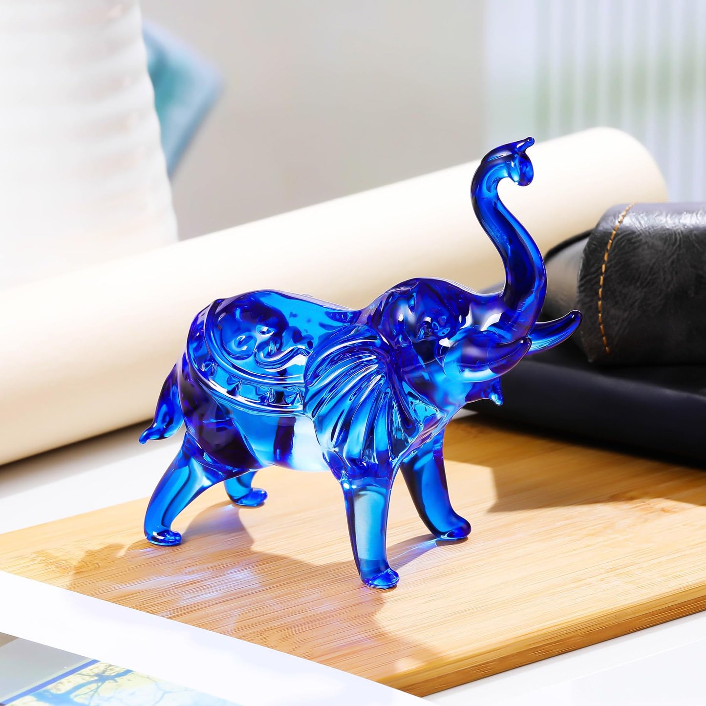 YWHL Blue Crystal Elephant Figurine Gifts for Women & Men, Glass Elephant Statue for Home & Office Decor, Handmade Art Animals Collectible