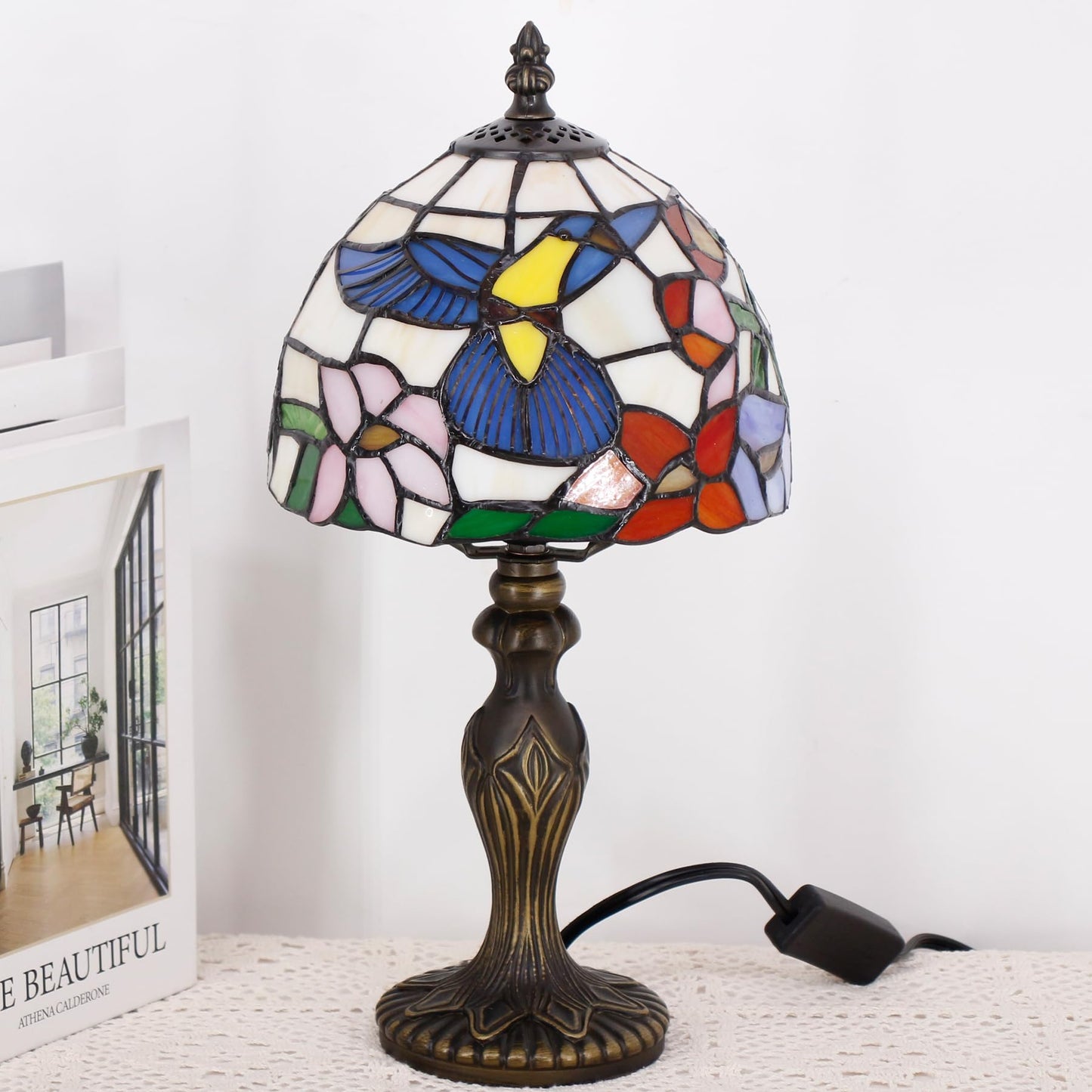 TCODTPOL Small Tiffany Stained Glass Table Lamp,Hummingbird