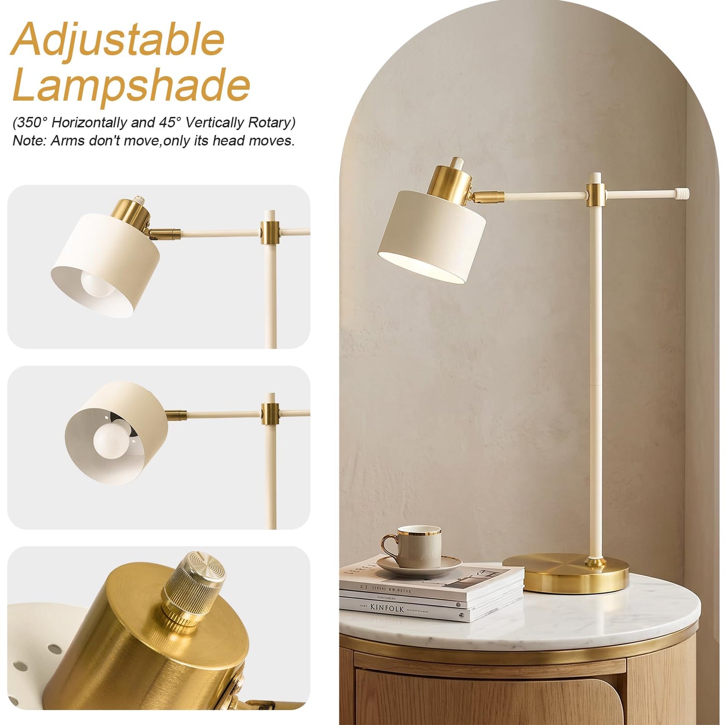 OYEARS 22.2" Modern Desk Lamp, Metal Table Lamp with LED Bulb, Adjustable Reading Lamps for Living Room, Mid Century Task Lamp for Home Office, Industrial Bedside Lamps, Cream and Gold