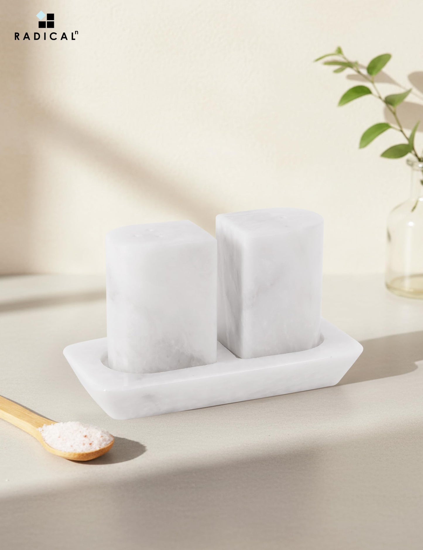 Radicaln Marble Salt and Pepper Shakers 2.5" White Handcrafted Stone Saleros Spice Set for Kitchen Counter, Pink Salt Holder, Farmhouse Kitchen Table Decor, Elegant Home Essentials