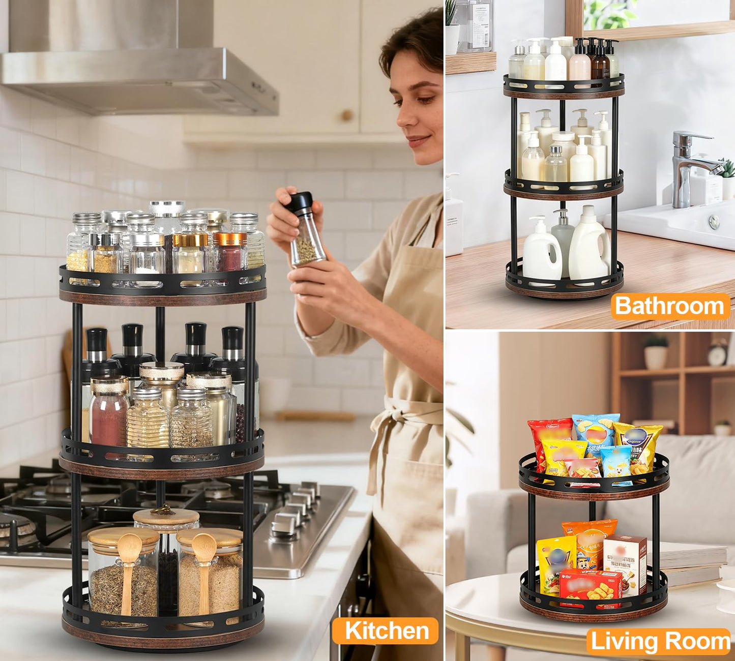 3 Tier Lazy Susan Organizer - 360° Rotating Spice Rack, Industrial Spinning Spice Rack, Versatile Wooden Lazy Susan Turntable for Kitchen Cabinet, Countertop, Pantry, Bathroom, Vanity