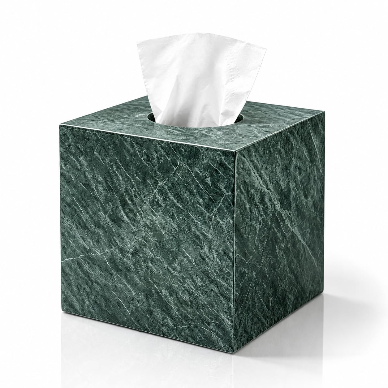 N NANSHOP Natural Marble Tissue Box Holder Cover, Square Cube Tissue Box Holder with Open Bottom for Bathroom Vanity TopsBedroom Dressers, Kitchen Countertop, Indian Green(NS056)