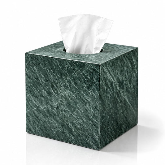 N NANSHOP Natural Marble Tissue Box Holder Cover, Square Cube Tissue Box Holder with Open Bottom for Bathroom Vanity TopsBedroom Dressers, Kitchen Countertop, Indian Green(NS056)