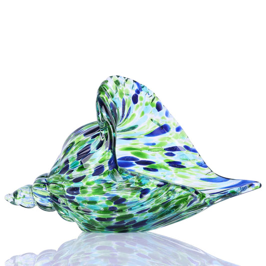 Hand-Blown Glass Conch Sculpture, Green sea Glass Art Shell Statue, Coastal-Themed Room Decor, Table Centerpiece and Cabinet-top Ornament, Creative sea Glass Conch Decoration and Display Piece.