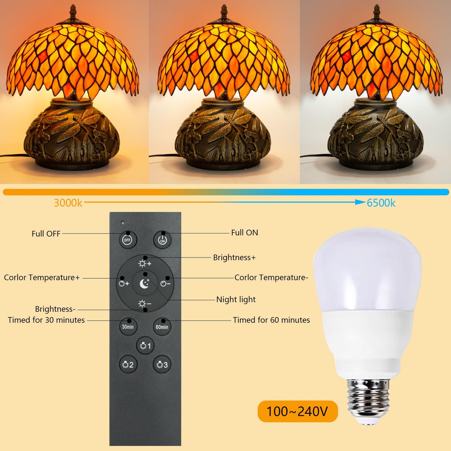 Ppbmocw Tiffany Table Lamp Orange Wisteria Style Stained Glass Lamp for Bedside,Bedroom,Living Room,12 Inch Small Vintage Mushroom Desk Lights Included E26 LED with Remote Control(Autumn Leaves)