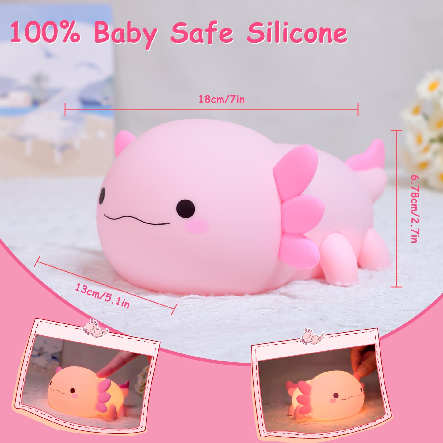 Ammonite Axolotl Gifts, Axolotl Night Light for Kids - Squishy Silicone LED Touch Cute Lamp, Xmas Birthday, Kawaii Bedroom Decor Nursery Lamp for Boys Girls Mom