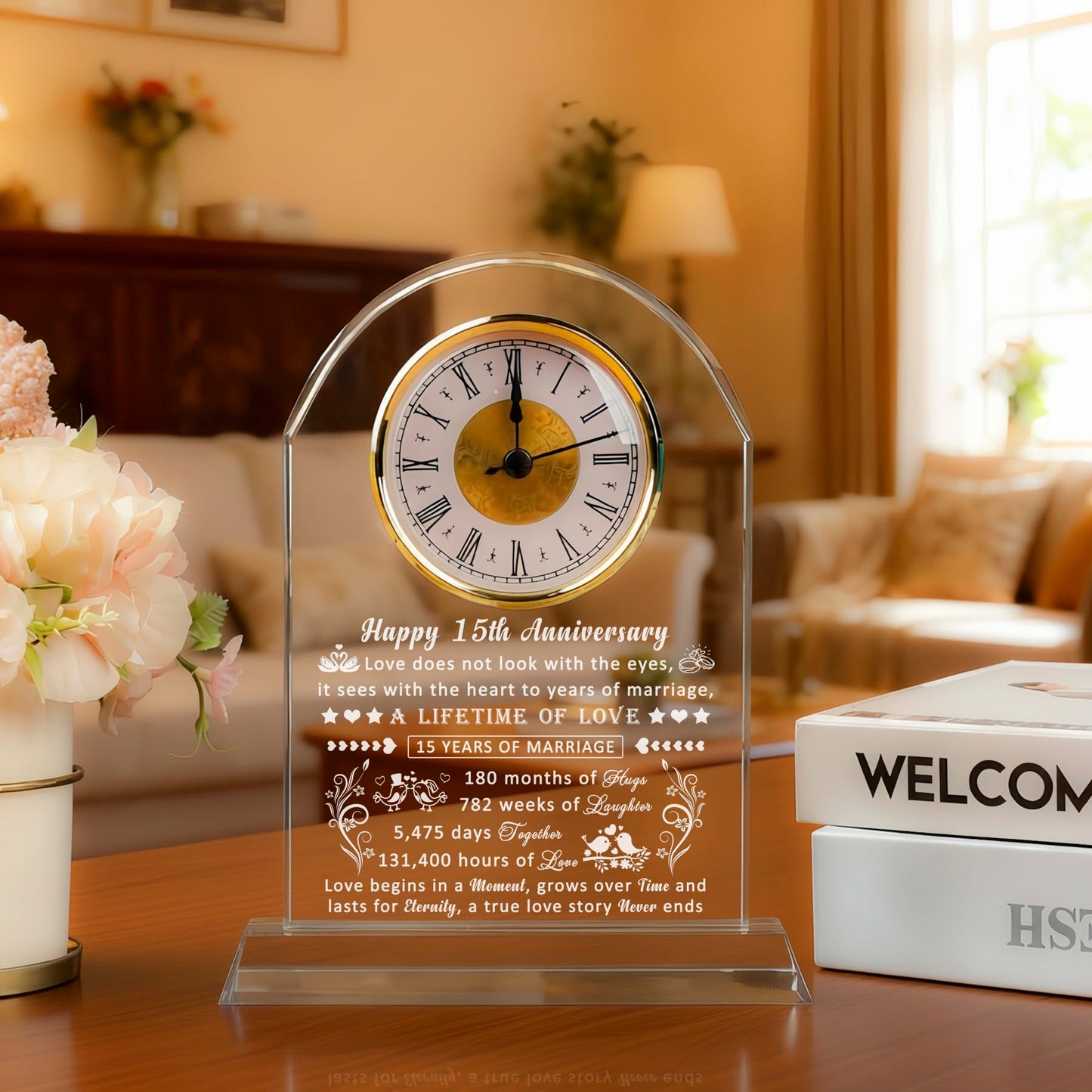 QIANRUNA 15 Year Anniversary Clock Gifts for Him Her, 15th Anniversary Romantic Gifts for Couple, 15 Year Crystal Anniversary Wedding Gifts for Wife Husband Women Men, 15 Years of Marriage Gifts