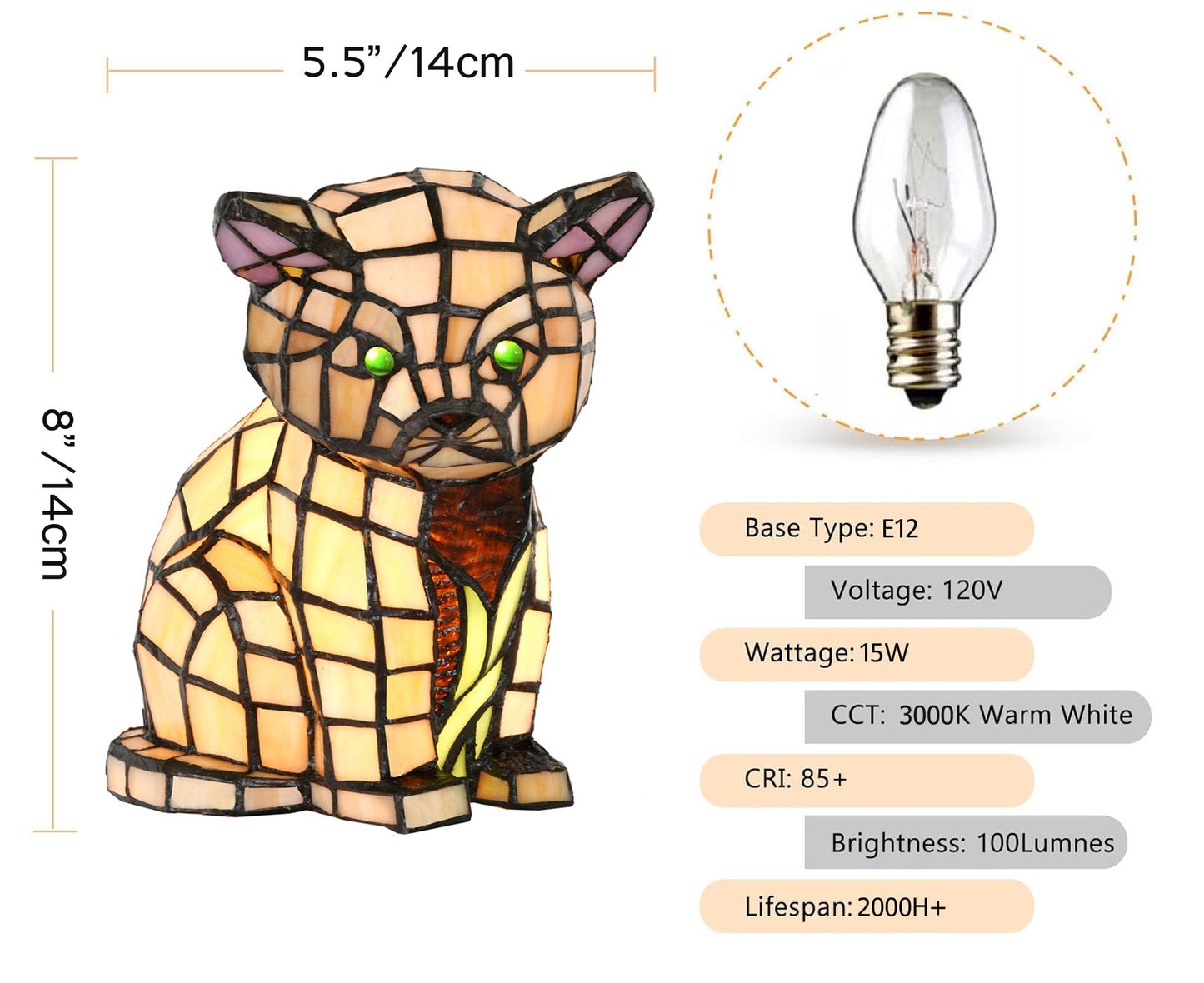 HomeBeauty A0006 Tiffany Lovely Cat Table Lamp Handmade Stained Glass Animal Night Light, 5.5" W x 8" H Accent Lamp for Living Room Bedroom Home Decoration, Bulb Included