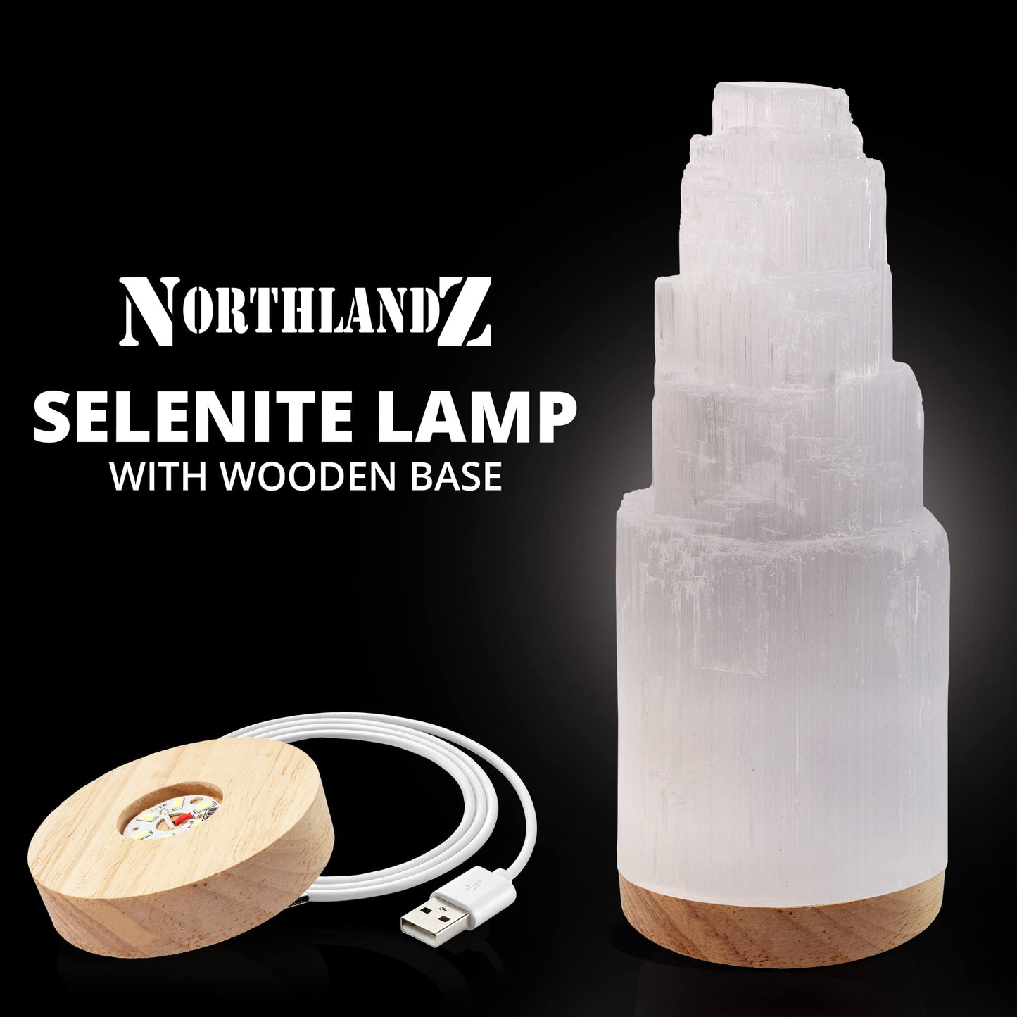 NORTHLANDZ Selenite Crystal Lamp 20cm, Hand Crafted Wooden Base Moroccan Lamp, Selenite Lamp for Smudging, Healing & Meditation, Best for Gift (ETL Certified)
