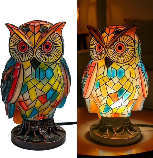 SMCFDC Tiffany Style Owl Table Lamp, Hand-Painted Vintage Resin Animal Desk Lamp, Colorful Owl Nightstand Light for Bedroom, Living Room, Nursery, Office, Unique Gift Idea for Mom, Women
