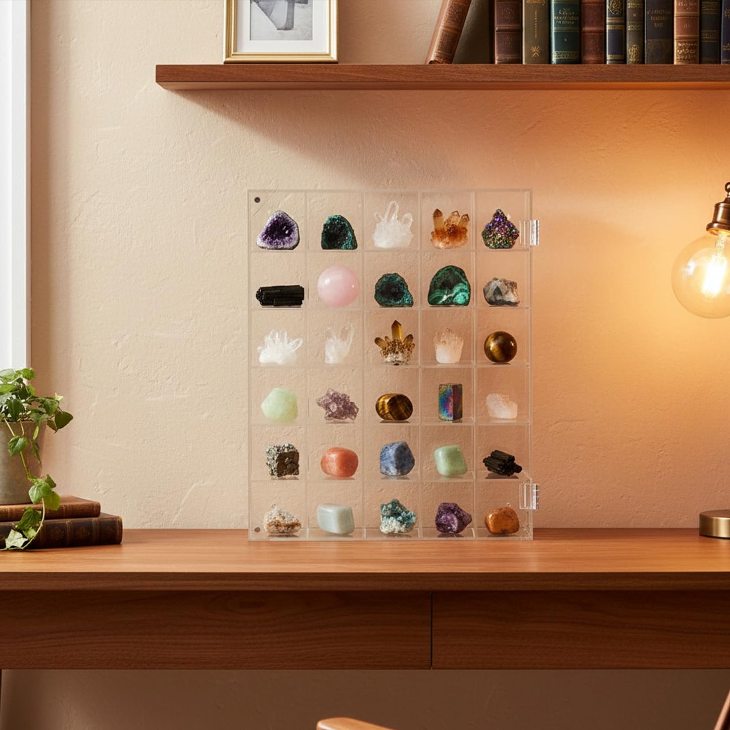 Oqqlin Adjustable Rock Display Case, 30 Grid Clear Acrylic Crystal Display Case with Lid Mineral Stones Collection Box for Rocks, Gemstones, Collectibles