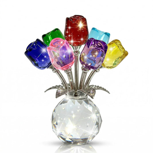 AHCVU 7 Crystal Roses Figurine with – Colorful K9 Glass Floral Sculpture Handmade Everlasting Flower Decor Meaningful Gift for Women Mom Wife Anniversary Wedding Valentine’s Day (Multicolor)