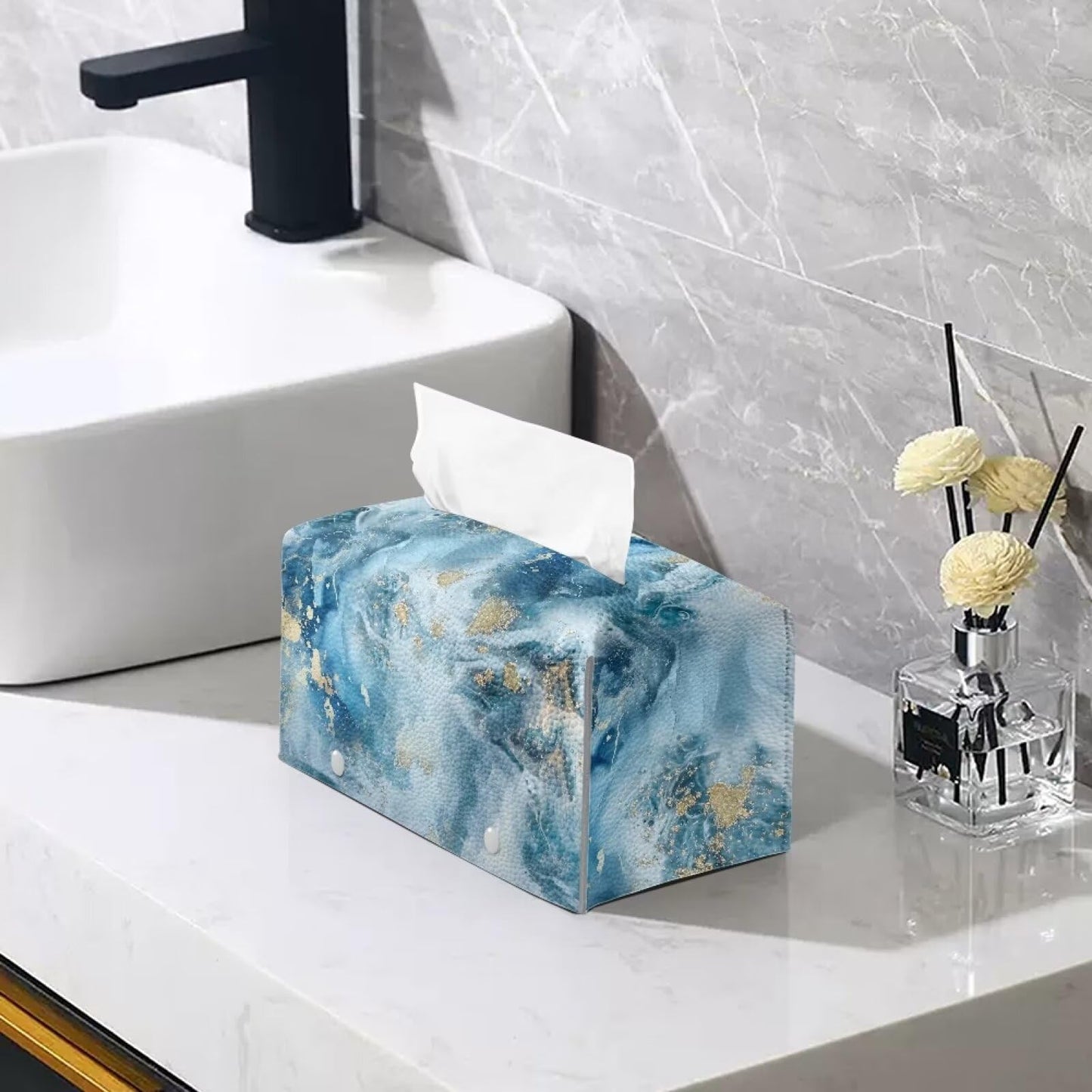 ZDCUSTOM Blue Marble Modern Rectangular Tissue Box Holder with Storage, PU Leather, Waterproof, Easy to Clean and Refill