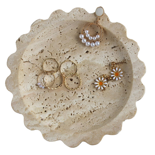 Natural Small Travertine Scalloped Edge Tray 6.3", Marble Jewelry Dish, Trinket Tray for Women Gift