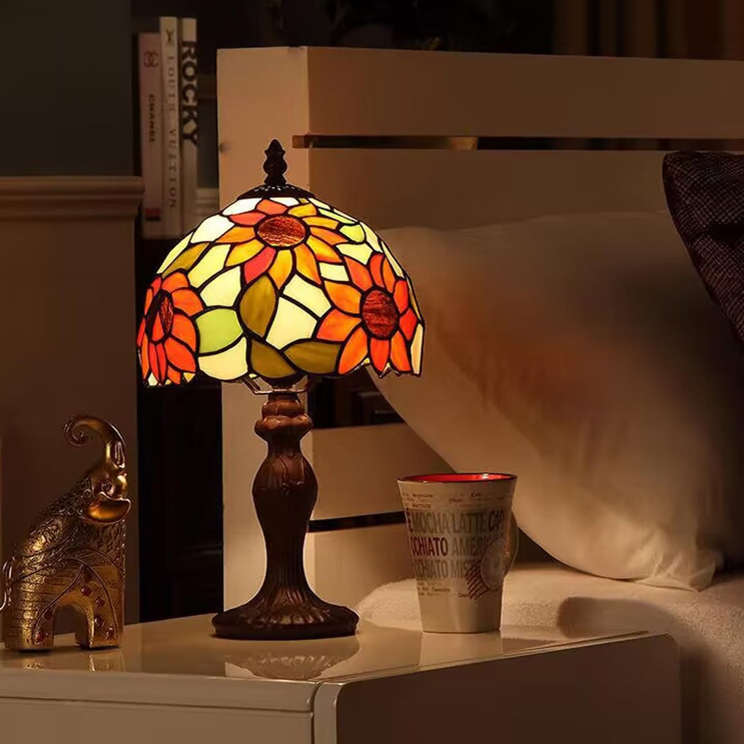 tuomoxte Tiffany Table Lamp,3 Color-Temperature Sunflower Stained Glass Lamp,8X8X15 Inch Small Accent Antique Nightstand Bedside Table Lamps for Bedroom Living Room Home Office Light +LED Bulb