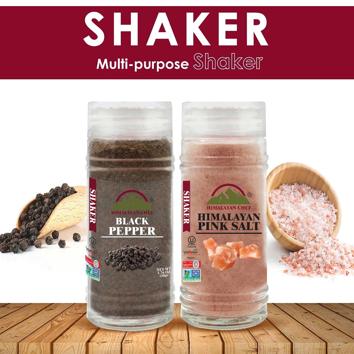 Himalayan Chef Pink Salt and Black Pepper, Glass Grinder set - 5.96 oz - 100% Natural and Organic salt & pepper, Enrich with 84 Minerals | Kosher & Vegan Certified