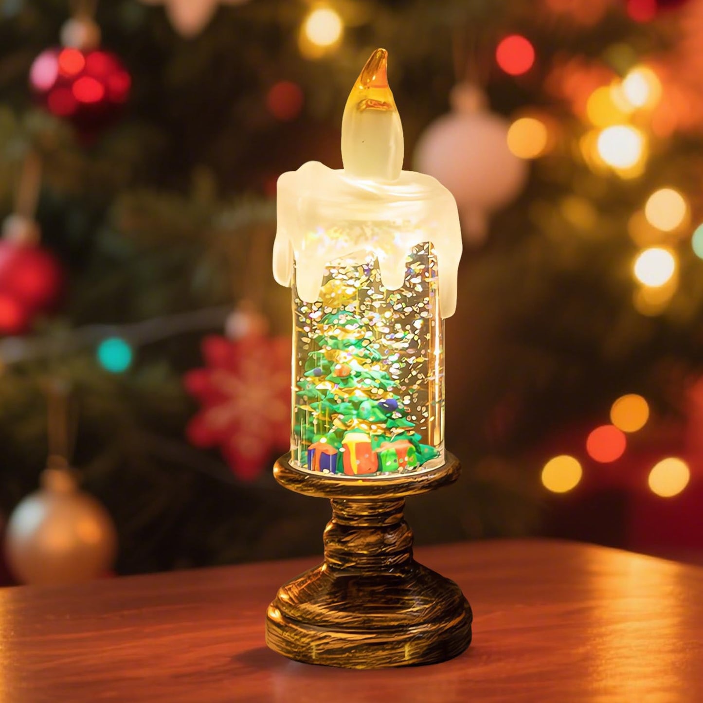 AVEKI Christmas Flameless Candles, Snow Globe Candles Light with Fluttering Sequins, Battery Operated Taper Candles for Home Party Christmas Decorations (Christmas Tree)