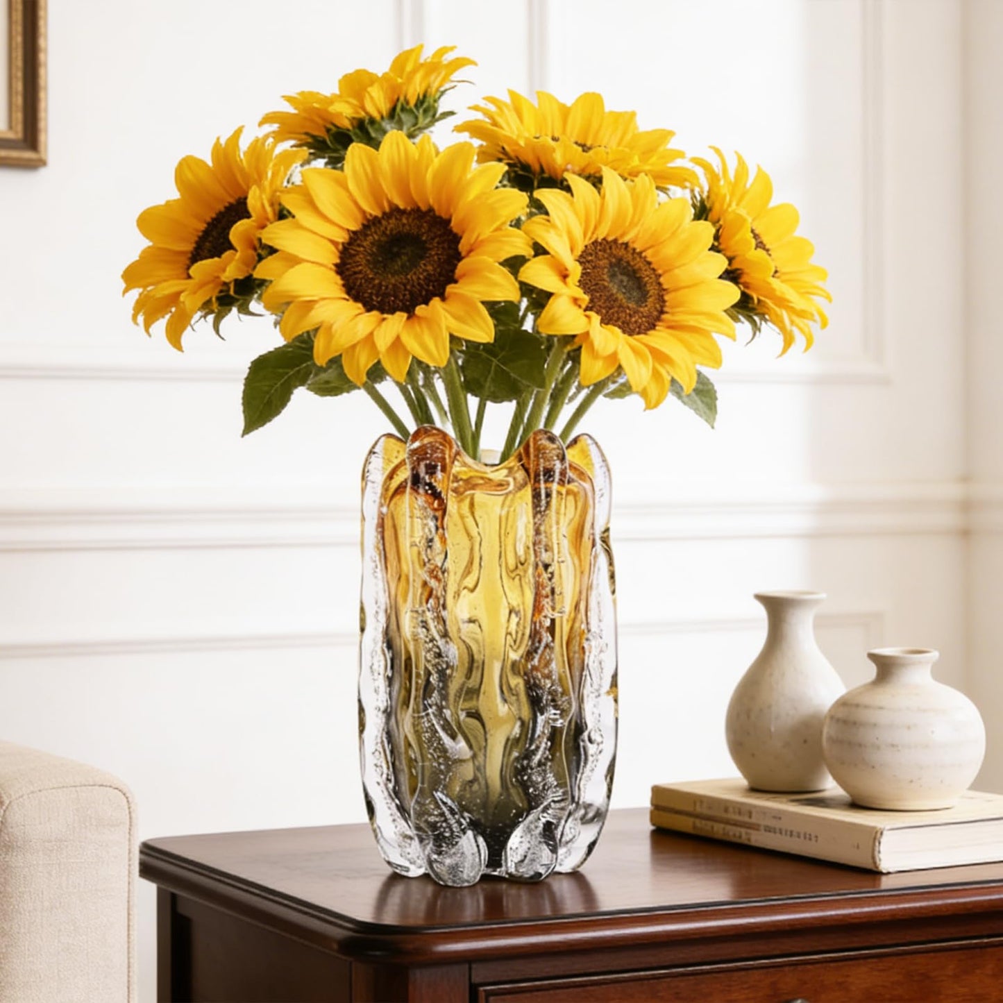 Blown Glass Bubble with Ruffled Edge Vase, Art Glass for Home Decor, Tall Vases for Centerpieces & Flowers, Crystal-Like for Bouquets & Pampas Grass, Vases Amber, Flower Bouquet Display (Yellow, L)