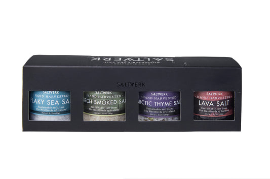 Saltverk Salt Gift Set - Includes 4 Jars - Flaky, Lava , Birch Smoked, Arctic Thyme Sea Salts- Gourmet, Icelandic, Hand Harvested and Sustainably Made - 12.33 Oz Total