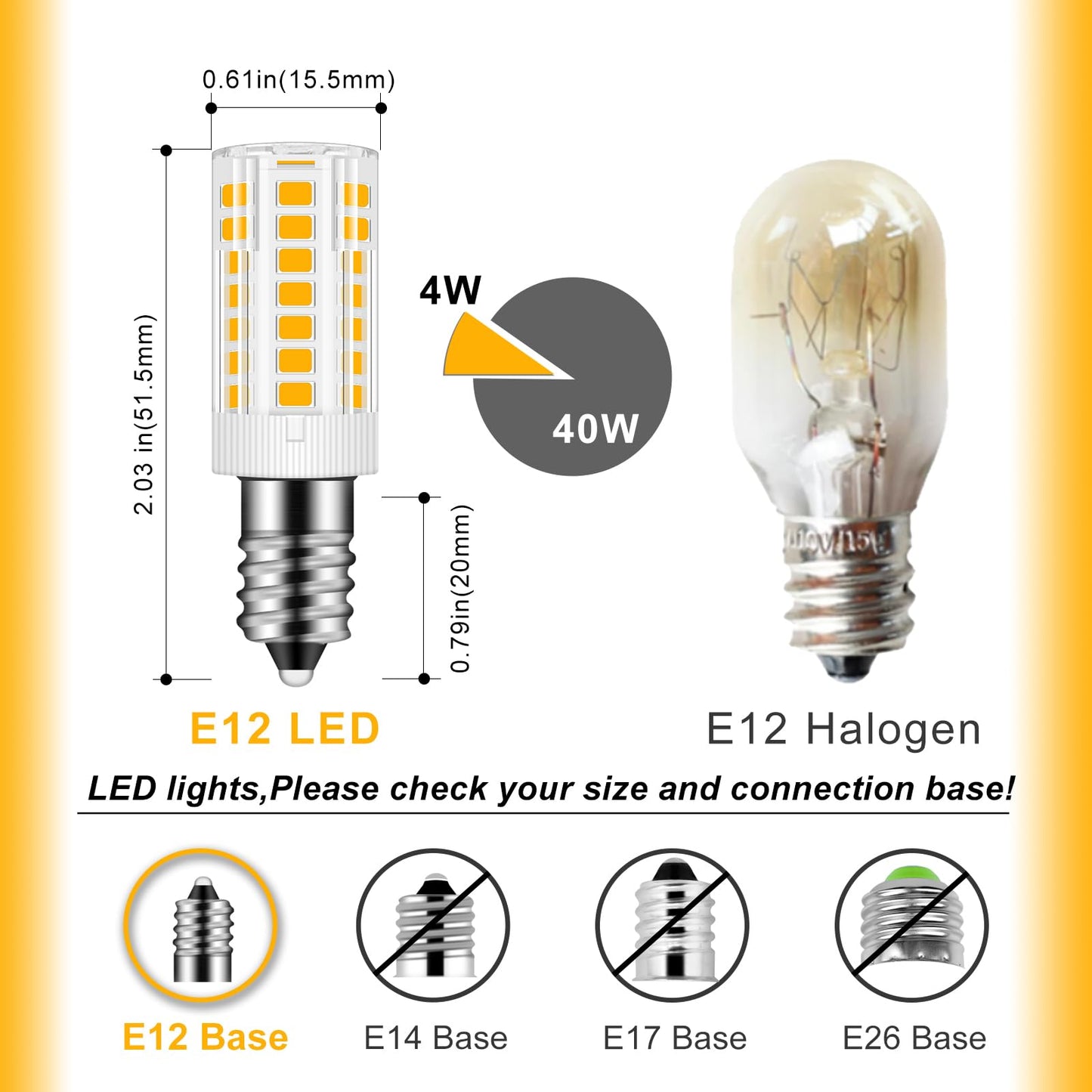 Megereet LED Night Light Bulb E12 Candelabra Led Light Bulbs, 4 Watt Equivalent 15W 40W Incandescent, Soft White 2700K C7 E12 Small Bulbs for Salt Lamp Decorative String Lights, Non-dimmable, 4 Packs