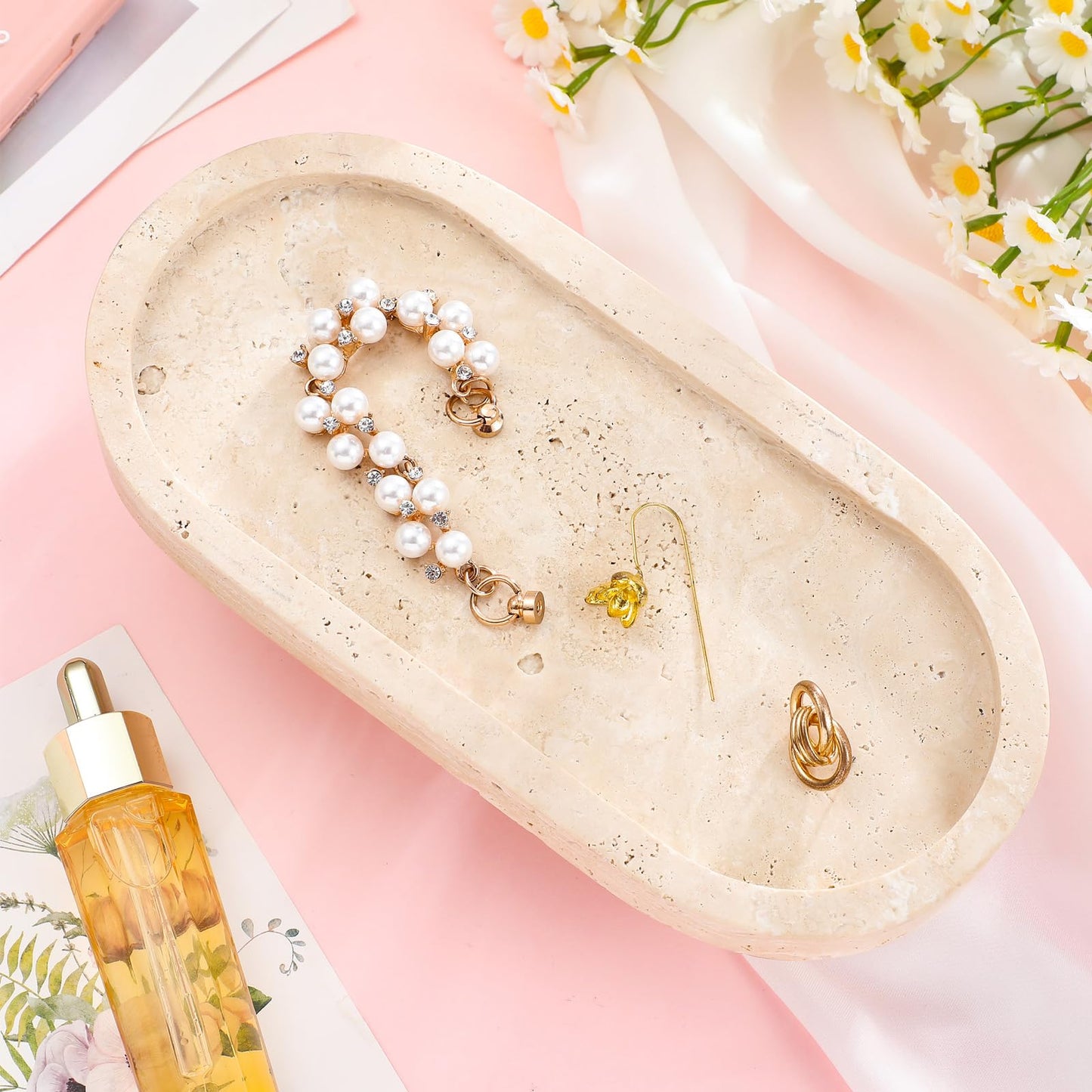 GlikCeil Natural Travertine Oval Tray with Legs 10 Inches Marble Tray for Bathroom Stone Countertop Decoration Organizer for Bathroom Vanity Bedroom Kitchen for Perfume Candles Jewelry Dish Decor