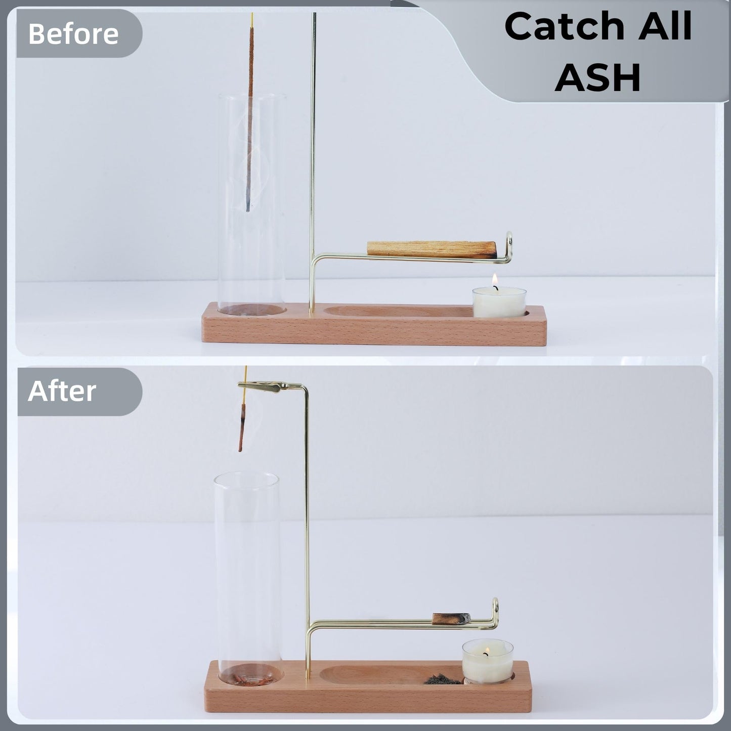 CrysDeco 3 in 1 Incense Holder for Burning Insence-Stick & Palo Santo & Sage Sticks, Hanging Upside Down Incense Stick Burner with Glass Ash Catcher, Lasting Burning Palo Santo Sage Burner for Altar
