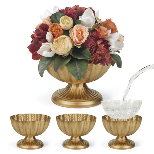 4 Pack Distressed Gold Compote Vases, 9"×6.5" Antique Pedestal Bowl with Waterproof Liner