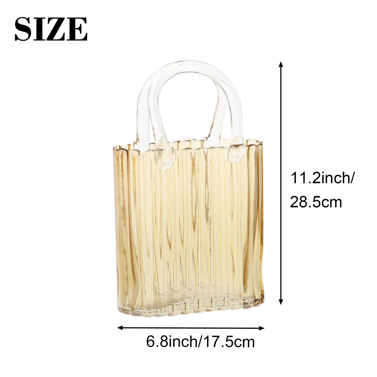 PORPAN Purse Vase, Glass Bag Vase, Glass Purse Vase for Flowers, Amber Glass Vase, 11.2 Inch Large Glass Flower Vases, Ribbed Vases for Wedding, Living Room, Bedroom, Table, Office