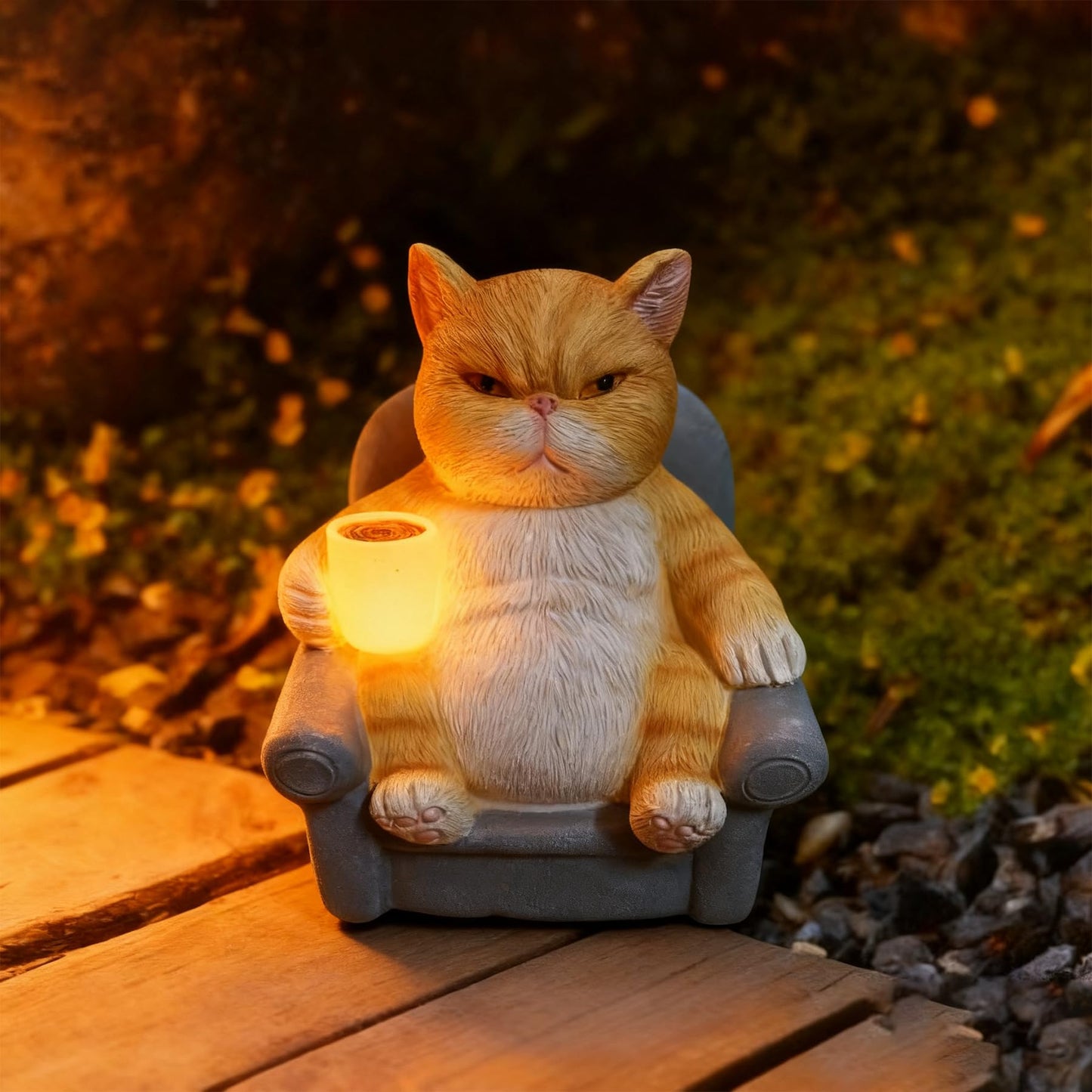 AmoroHui Hand-Painted Orange White Shatterproof Resin Cat Figurine with LED Light - Glowing Coffee Cup Design Outdoor Decor (5.1x4.1x5.5 Inch) (cat)