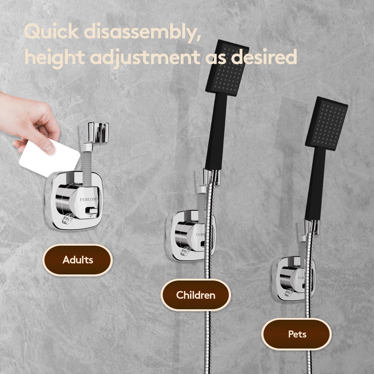 FERCOSEN 360° Swivel Shower Head Holder with Suction Cup | 10kg Load Capacity, Tool-Free Installation in Seconds | Removable and Rust-Resistant Shower Bracket with Storage Hook (Silver)
